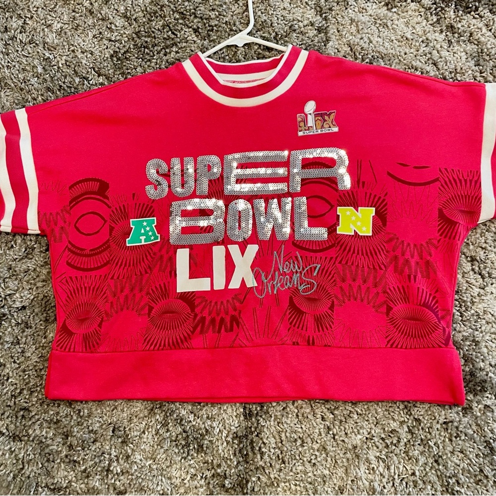 New Super Bowl LIX New Orleans Sequin Oversized Cropped Sweatshirt Women’s Large